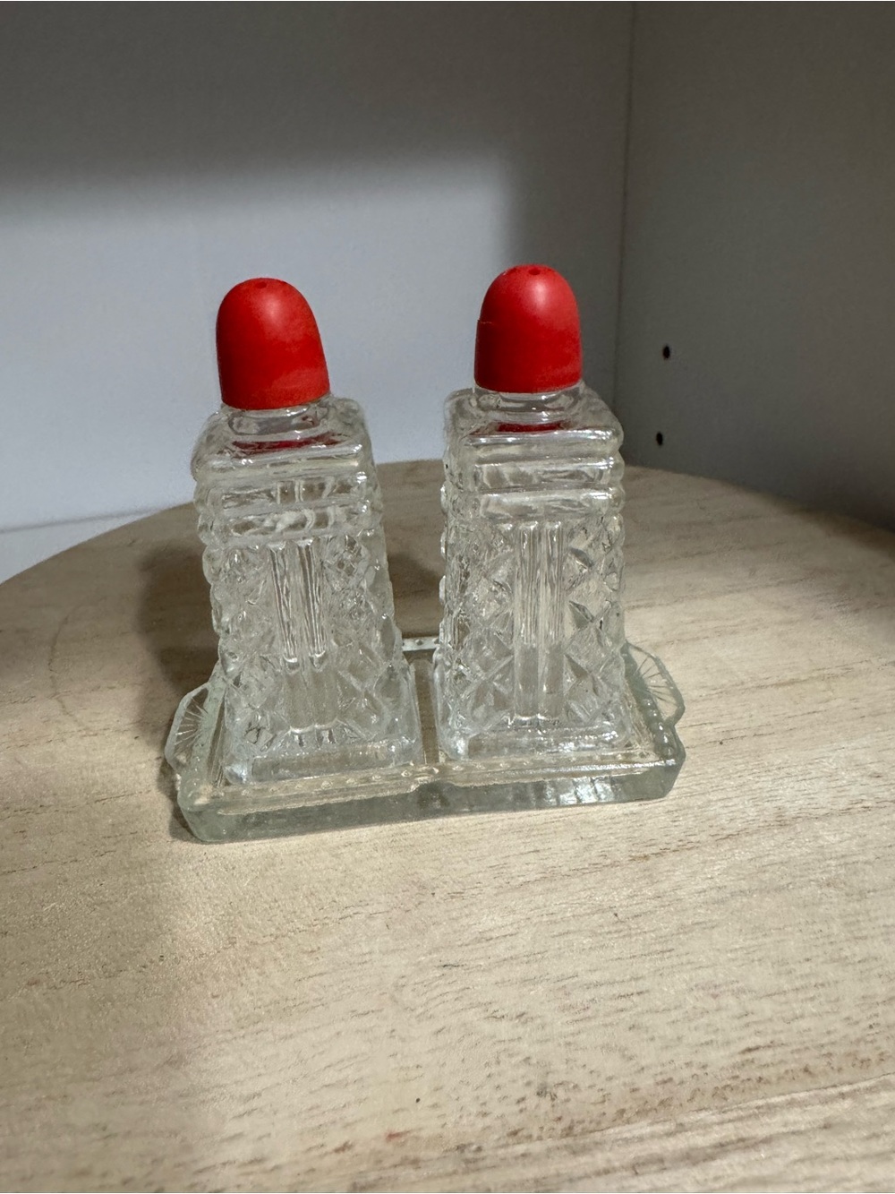 Clear Glass Salt and Pepper Shakers with Red Caps - Home Dining